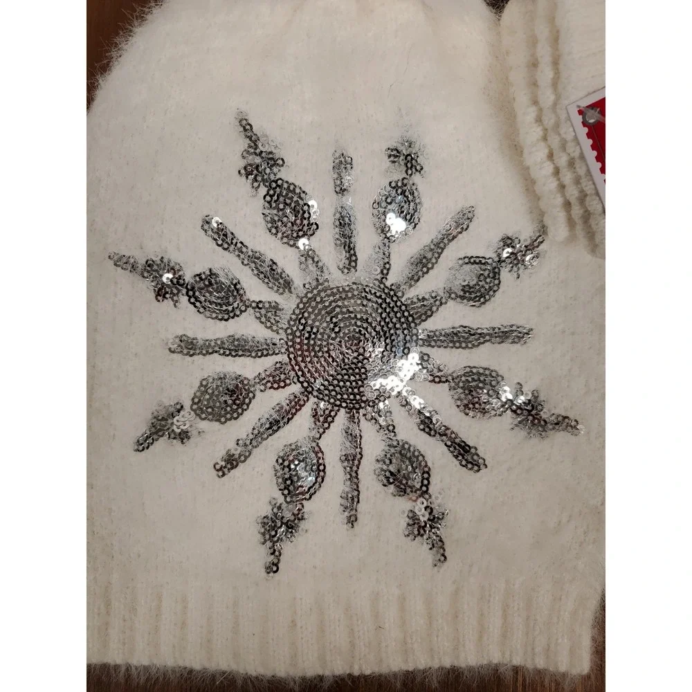 Sequin Snowflake Hat & Gloves Set White Pom Pom Open Finger Texting Women's NEW